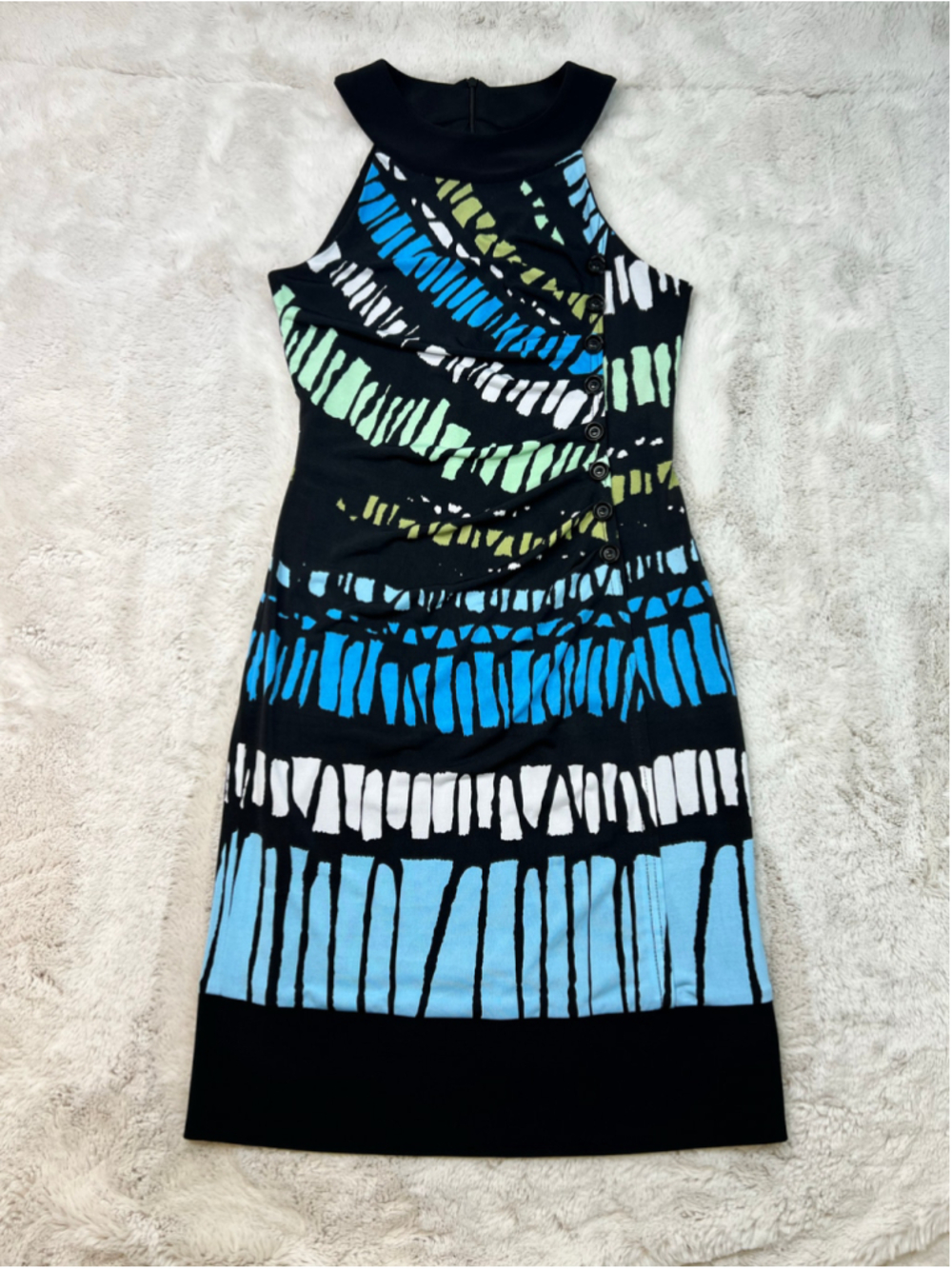 Joseph Ribkoff Midi Dress Size 2 Black Blue Abstract Print Stretch Sleeveless